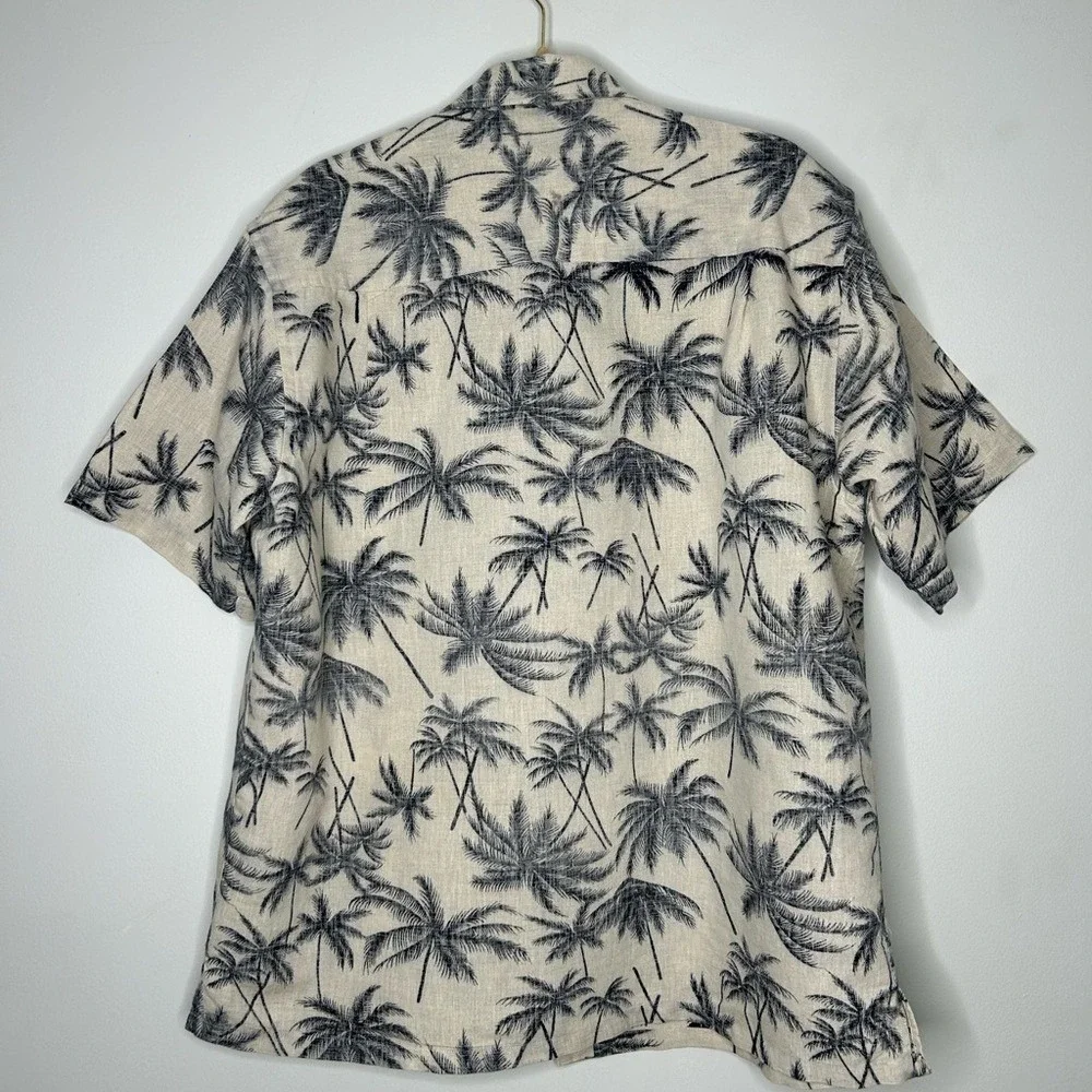 STO Men's Linen Cotton Hawaiian Shirt Palm‎ Tree Print Beige Black Size L